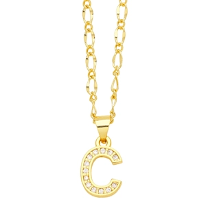 Gold letter C pendant necklace with cubic zirconia pavé and oval link chain