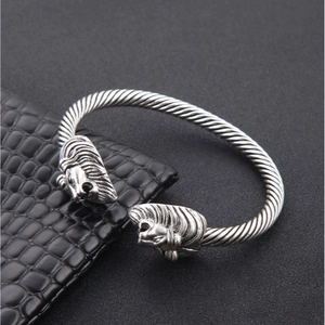 Vintage silver lion head cable cuff bracelet for men with twisted rope design on leather