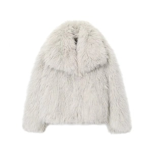 Detailed close-up of light gray faux fur texture on short women's jacket
