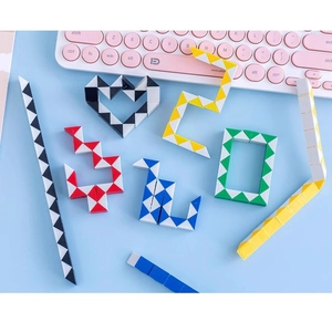 Colorful Magic Snake Cube puzzles for kids in various shapes on a light blue background