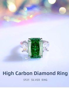Macro shot of S925 silver ring featuring emerald cut green stone and side diamonds