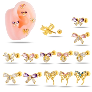 Fashion Butterfly Bowknot Zirconia Inlaid Stud Earrings Stainless Steel Post Copper Cartilage Piercing Jewelry For Women