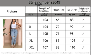 Size chart showing S-XXL dimensions for women's distressed jeans with blue denim wash