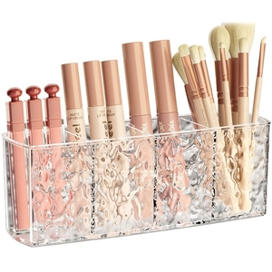 Clear acrylic makeup brush organizer with water ripple texture and multiple compartments