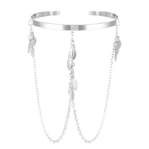 Silver arm cuff with leaf tassel chains on a clean white background for a bohemian look