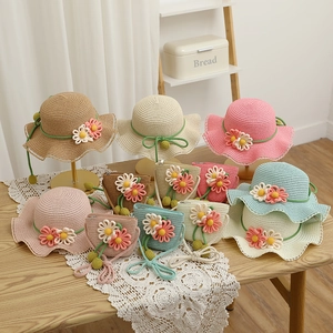 Kids Girls Paper Straw Hat And Crossbody Bag Flower Decor Wavy Lace Edge Sun Protection Summer Outdoor