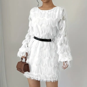 Robe Courte Élégante Blanche À Franges Pour Femmes Manches Lanternes Longues Polyester Gland Col Rond Soirée Cocktail