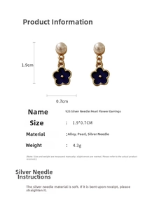 Detail view of pearl earrings with blue oil drip floral pendant and 925 silver needles