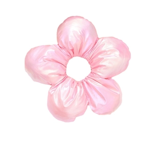 Pink 3D floral scrunchie with satin metallic sheen for high-end ponytail styling