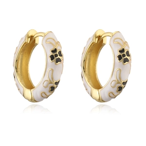 Vintage style 18K gold plated hoop earrings with white enamel and black flower patterns