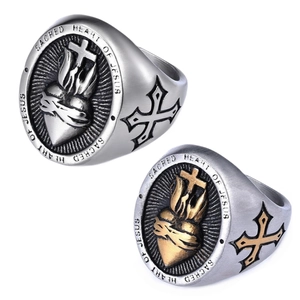 Vintage retro cross and sacred heart stainless steel rings for men and women