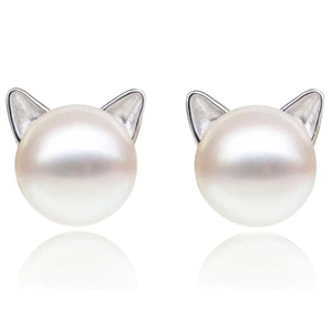 Cute cat-ear pearl stud earrings for women with white pearls and silver metal accents