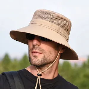 Outdoor Sun Hat Men Wide Brim UV Protection Breathable Mesh Bucket Hat For Fishing Hiking Polyester Cotton Windproof Rope