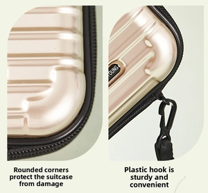 Detail view of champagne gold hard shell bag with plastic hooks and rounded corners