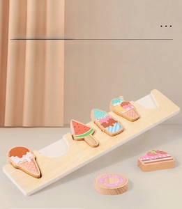 Educational wooden puzzles with colorful food shapes like cake and ice cream for toddlers