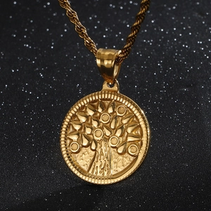 Golden Tree of Life stainless steel pendant necklace with twisted chain on black background
