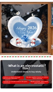 Dettaglio dell'adesivo statico Happy 2026 con pupazzo di neve e cuori per vetrate