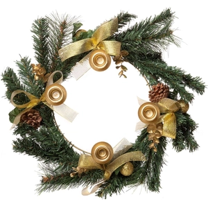 Christmas candle wreath with green pine needles, gold candle holders and ribbon bow
