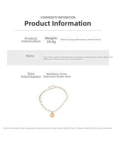 Detailed specs of pearl necklace with coin pendant showing size 41+8cm and 30.8g weight