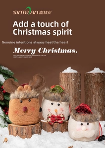 Detailed plush Christmas gift bags featuring reindeer and snowman designs on wood