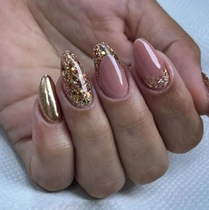 Press On Nails Almond Shape Pink Gold Glitter French Style Glossy Artificial False Nail Tips For Women Daily Wear