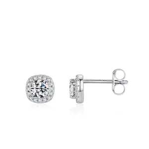 Moissanite Halo Stud Earrings 925 Sterling Silver Round Brilliant Cut D Color Square Frame Elegant Women Jewelry