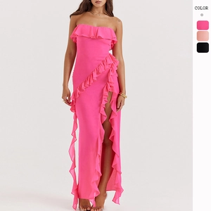 Robe Maxi Sexy Sans Bretelles Femmes Volants Fente Haute Épaules Dénudées Élégante Soirée Vacances Moulante Longue