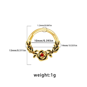 Detailed dimensions of gold hinged nose ring with red rose and green leaf ornament