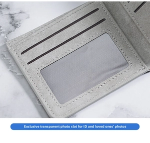 Detail shot of slim grey wallet interior showing three card slots and a clear ID window