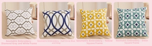 Detail of high-density geometric embroidery on premium cotton linen cushion covers
