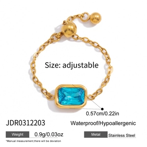 Adjustable golden stainless steel ring with rectangular blue zircon and chain detail