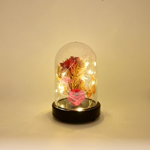 Close-up of red preserved rose in a glass dome with warm LED fairy lights on a wooden base