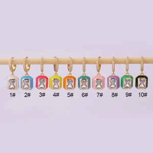 Colorful enamel rectangle hoop earrings with square zircon crystals in 10 vibrant colors