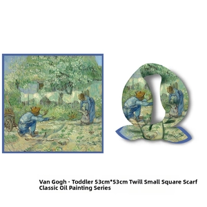 Vue à plat et stylisée du carré de soie en sergé peinture à l'huile Van Gogh First Steps