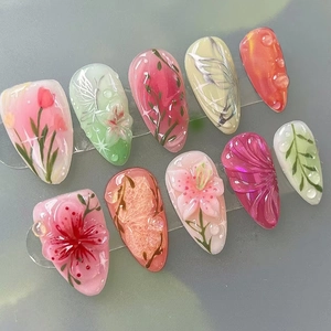 3D Embossed Press On Nails Floral Butterfly Design Ice Flower Bubble Glossy ABS Plastic Long Almond Artificial Fingernails