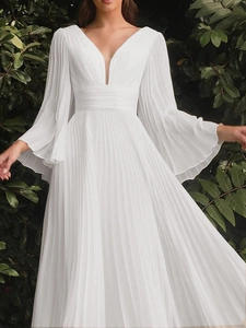 Elegant white V-neck pleated maxi dress with long flare sleeves for party or wedding