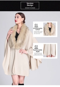 Detail of beige faux fox fur collar and knitted texture on an oversized poncho coat