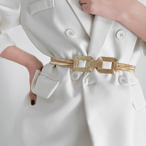Women Metal Waist Chain Belt Elastic Stretchy Spring Link Geometric Interlocking Rectangle Buckle Versatile Dress Decor