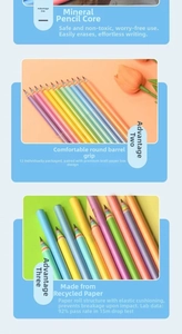 Detail showing 12-pack rainbow paper pencils with mineral lead core and round barrel