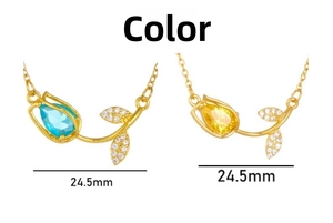 Détail des pendentifs tulipe avec pierres bleues et jaunes et spécification de 24,5 mm