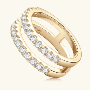 925 Sterling Silver Double Layer Moissanite Ring with Golden Finish and Pavé Diamonds