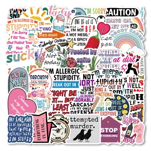 Detailed pile of 50 waterproof sarcasm stickers for laptops with witty English quotes