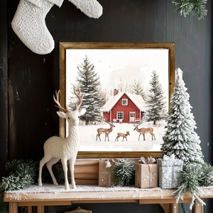 Detail of wooden Christmas frame with winter snow scene illustration and red house art