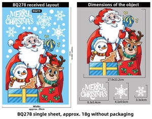 Detailed size specifications for Christmas snowflake and Santa Claus window stickers