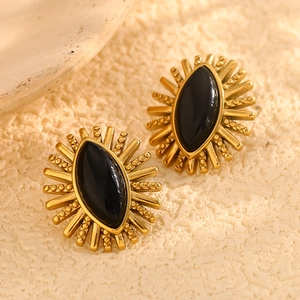 Vintage Sunburst Eye Stud Earrings Stainless Steel 18K Gold Plated Black Stone Geometric Retro Jewelry For Women