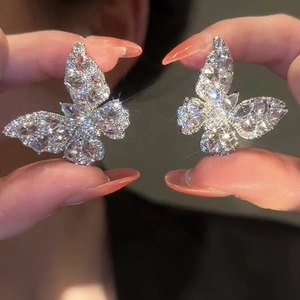Butterfly Stud Earrings Zircon Copper With Silver Earring Post Sweet Elegant Sparkling Jewelry For Women