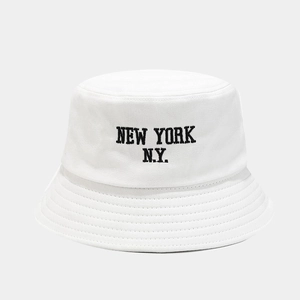 White cotton bucket hat with New York embroidery and wide brim for sun protection