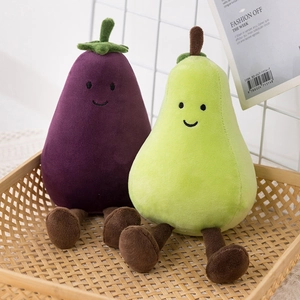 Cute plush toy set featuring a smiling purple eggplant and a soft green pear on a tray