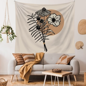 Bohemian style wall tapestry with terracotta floral line art decor for living room
