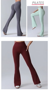 Close-up of high-waisted flare yoga pants for Pilates in grey, mint green, and burgundy